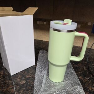 40 oz Insulated Tumbler with Handle & Straw – Green with Pink Accents